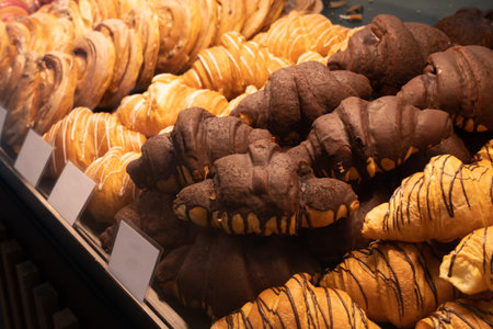 Croissants in the window. Different types of croissants. Chocolate croissants in a bakery