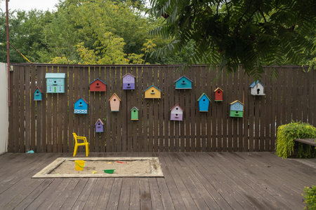 Positive cheerful childrens playground, decorated with colorful bird houses. Unusual bright decor for the playgroundの写真素材