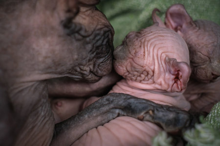 A cat licks a kitten. Sphynx cats, top view