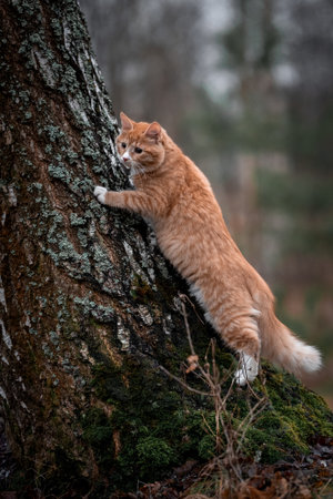 An orange kitten in the middle of a dark autumn forest. A beautiful animal in nature.の写真素材