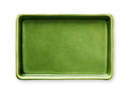 Empty rectangular plate, Green ceramics plate, View from above isolated on white backgroundの写真素材