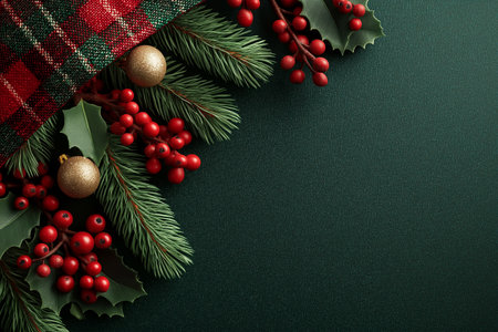Elegant Christmas flat lay with fir branches, holly leaves, red berries, and gold ornaments on dark green background. Ideal for festive cards, seasonal marketing, or holiday designs.の素材