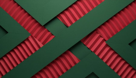 Modern Christmas background with folded red and green paper layers creating a geometric pattern. Elegant minimal design ideal for festive greeting cards, packaging, and holiday branding.の素材