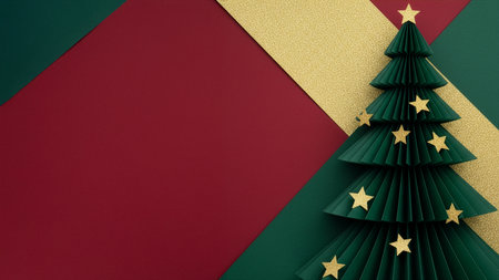 Minimalist Christmas background featuring a folded green paper Christmas tree with gold stars on red and green layered paper. Elegant festive design perfect for holiday greetings, banners, and seasonal promotions.の素材