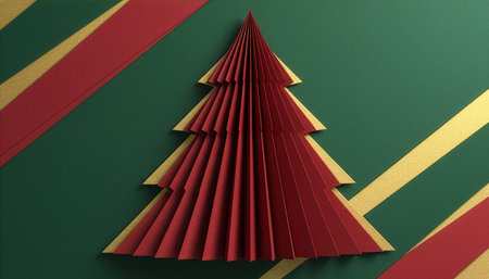 Minimal paper Christmas tree on red, green, and gold background. Elegant festive layout perfect for holiday designs, greeting cards, banners, product displays, and modern seasonal branding.の素材