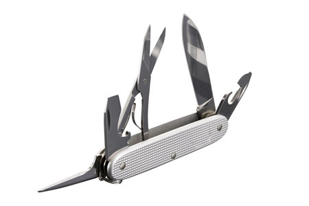 Stainless steel multi tool isolated on white background with clipping path. Foldable multifunction...