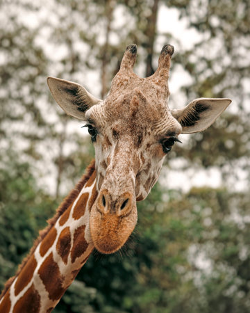Close-up portrait of a giraffe looking directly at the camera, highlighting its expressive eyes, ossicones, unique coat pattern, and gentle nature in an outdoor wildlife habitat.