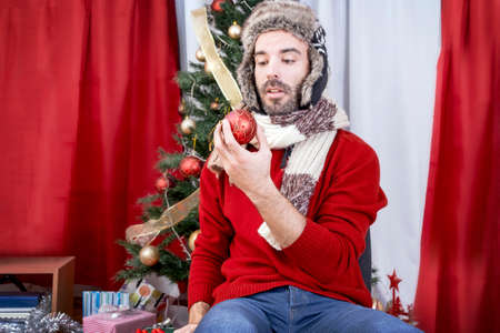 Man in hat celebrating Christmasの写真素材