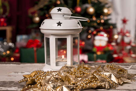 Christmas lantern in darkの写真素材