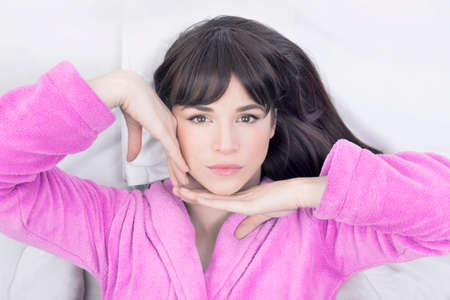 Beautiful woman in pink for skin treatmentの写真素材
