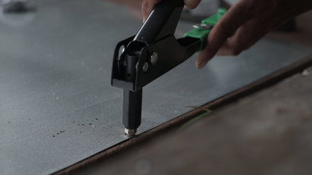 Worker installing laminate flooring in a room, closeupの写真素材