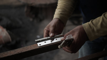 Worker is cutting metal in the smithy, closeupの写真素材