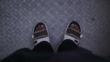 Selfie of man's feet in sneakers on a metal floor.の写真素材