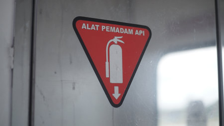 Fire extinguisher sign on the wall of a building. Fire safety concept.