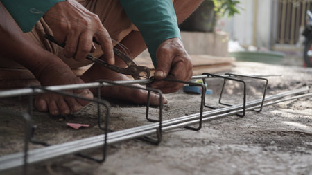 worker installing steel wire on concrete floor at construction site, Thailand.