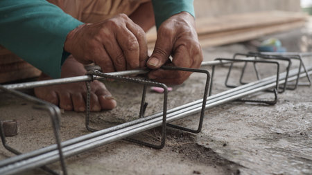 close up installing concrete steel reinforcement used for the casting process