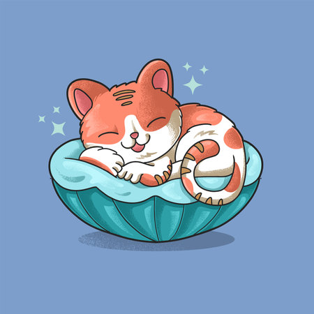 Cute cartoon cat sleeping on a blue pillow. Vector illustration.のイラスト素材