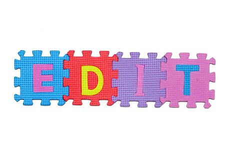  letters-puzzle, word EDIT, isolated on white background. の写真素材
