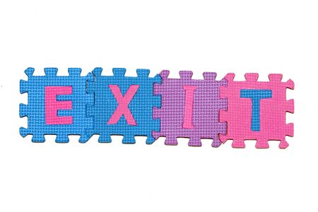 letters-puzzle, word EXIT, isolated on white background. の写真素材