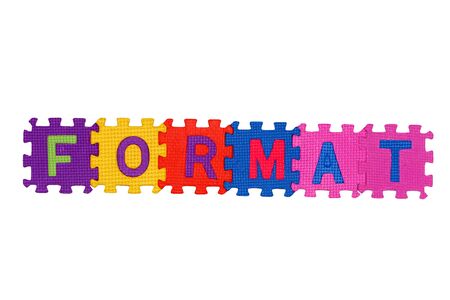  letters-puzzle, word FORMAT, isolated on white background. の写真素材