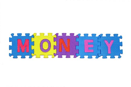 letters-puzzle, word MONEY, isolated on white background. の写真素材