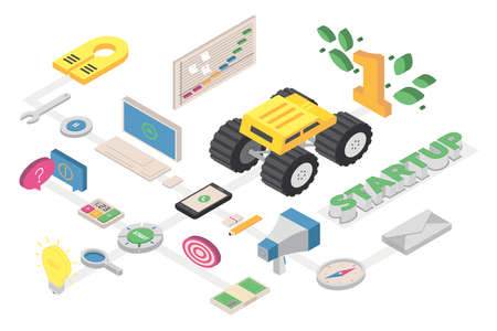 Isometric graphic composition about Startup business, with graphic elements related to office,...