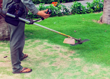 Cutting grass in garden with the trimmer vietnam