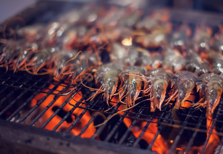 shrimps Seafood barbecue grilled on roaster and fireの写真素材