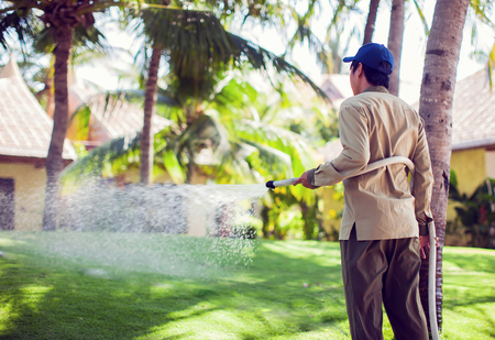 man pouring water on the grass in the gardenの写真素材