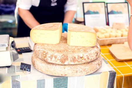 Different kinds of cheese at cheese festival. Organic and farm food conceptの写真素材