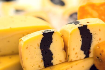 Different kinds of cheese at cheese festival. Organic and farm food conceptの写真素材