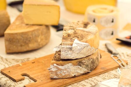Different kinds of cheese at cheese festival. Organic and farm food conceptの写真素材