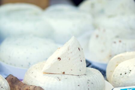 White cheese for sell at cheese festival. Organic and farm food conceptの写真素材