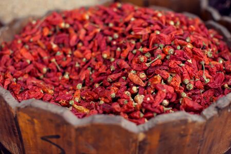 Dried chillies in basket the oriental egypt marketの写真素材