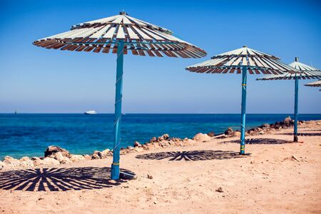 Sun umbrellas on a beach with sea background. Summer, vacation conceptの写真素材