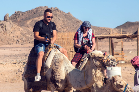 Egypt, Hurghada, 12 may 2019, beduins and tourits ride a camels in the desert .のeditorial素材