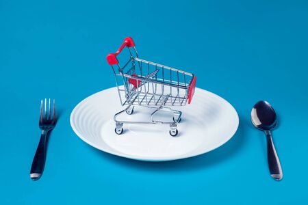 Toy shopping trolley on white plate, spoon and fork on color background. Food and shopping conceptの写真素材