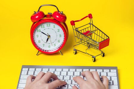 Red alarm clock, small shopping trolley, hands working with keyboard on color background. Shopping conceptの写真素材