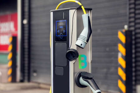 Car charging system station. Eco transport technology.