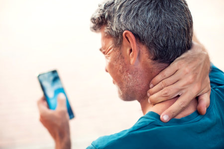Neck pain using smartphone outdoor. Healthcare, lifestyle and technology conceptの写真素材