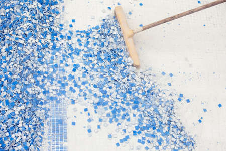 Removing tile in the pool, renovation work of swimming poolの写真素材