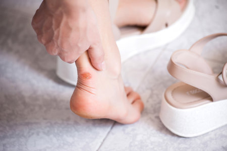 Callus on skin of legs of woman. Health care and medicine concept