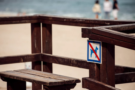 No dogs allowed on beach sign. Warning information in the beach entranceの写真素材