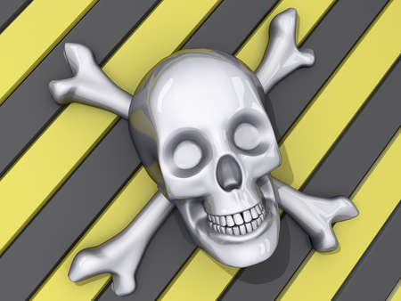 A Skull and Bones on a striped caution background の写真素材