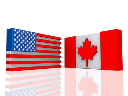 Canada and United States of America Flags on a shiny white background の写真素材