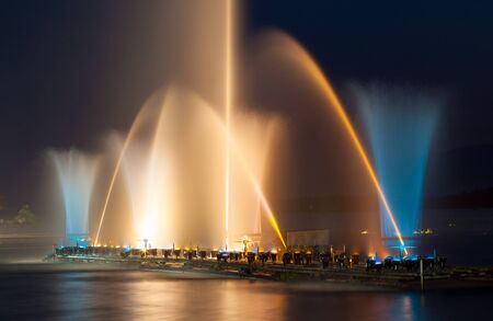 musical fountain with colorful illuminations at Phayao lakeの写真素材