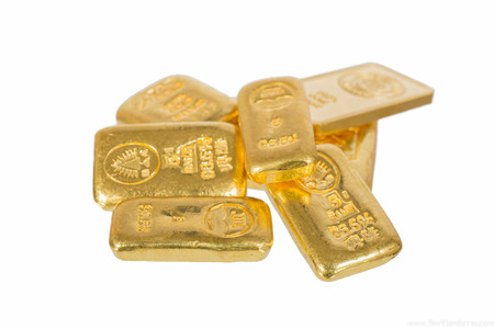BANGKOK, THAILAND - June 4 : A pile of many size and brand of Thailand gold bullion on white background on June 4 ,2015. Gold has gained much popularity among the people of Thailand.のeditorial素材