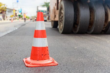 traffic cone on construction roadの写真素材
