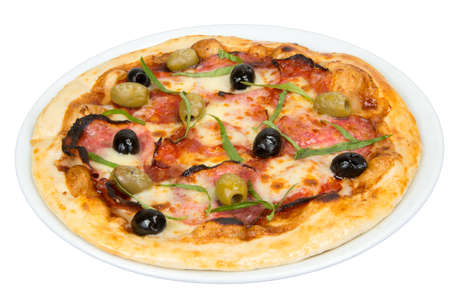 Pizza on a white background with tomato sauce, cheese, salami and olives.の写真素材