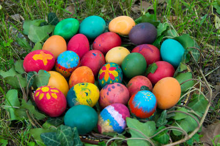Hand painted Easter eggs hidden on the grass ready for the easter.の写真素材